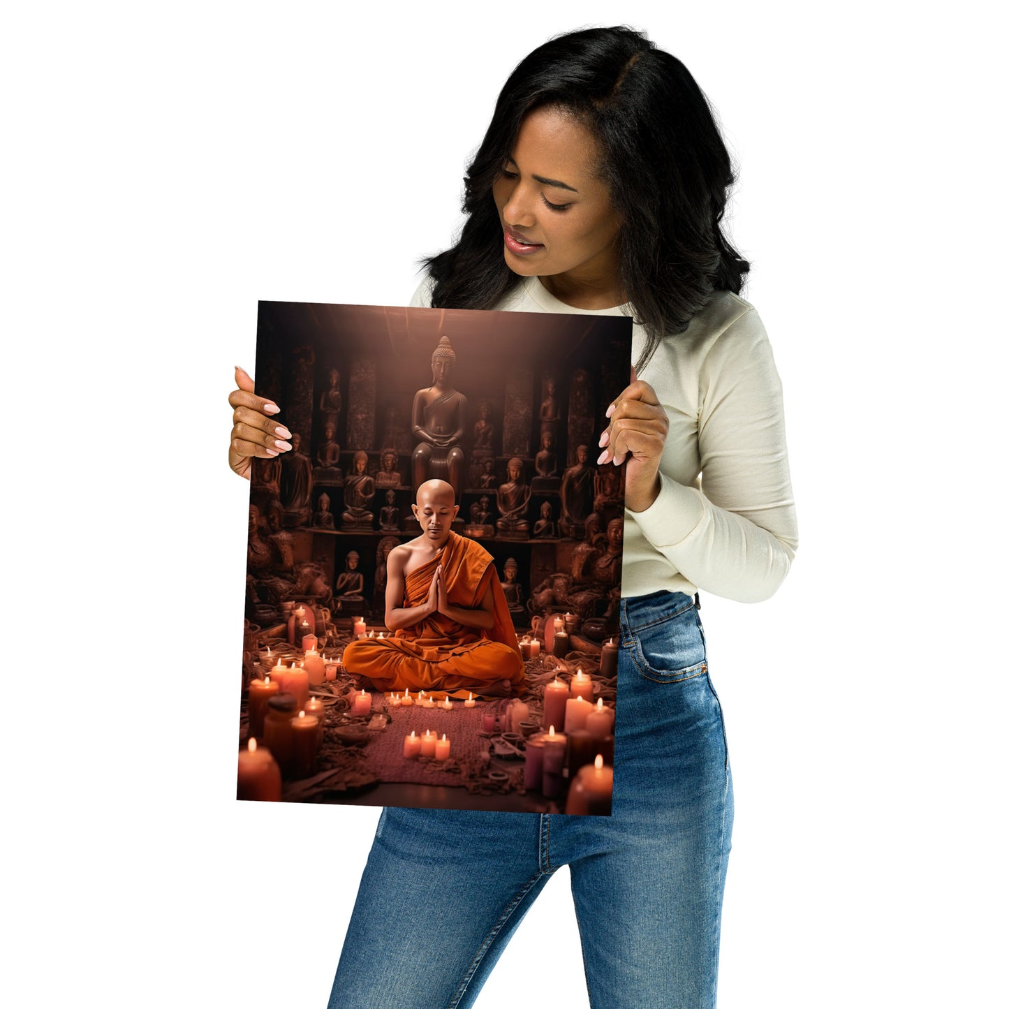 Buddhist monk between candles art print
