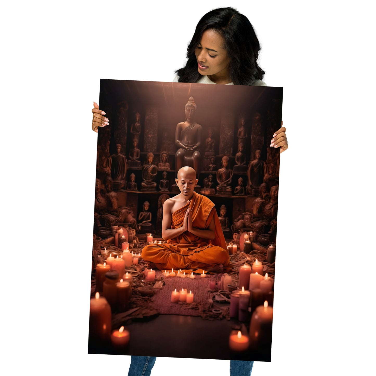 Buddhist monk between candles art print